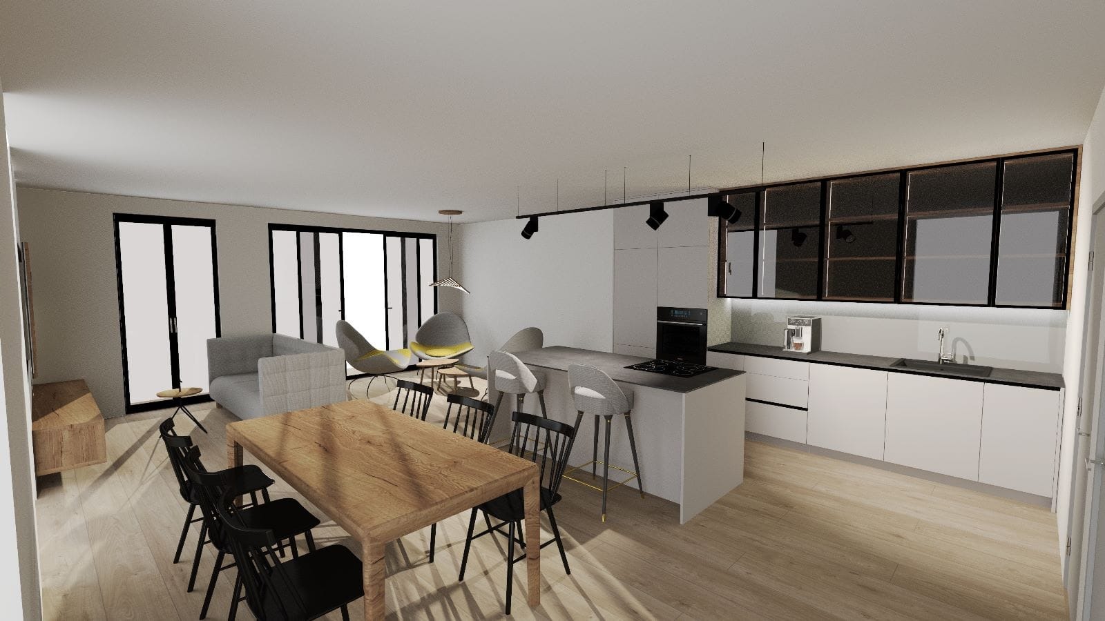 Wizualizacja przestronnego salonu z aneksem kuchennym, drewnianym stołem i krzesłami w stylu skandynawskim, szarym narożnikiem i designerskimi fotelami na tle dużych okien balkonowych.