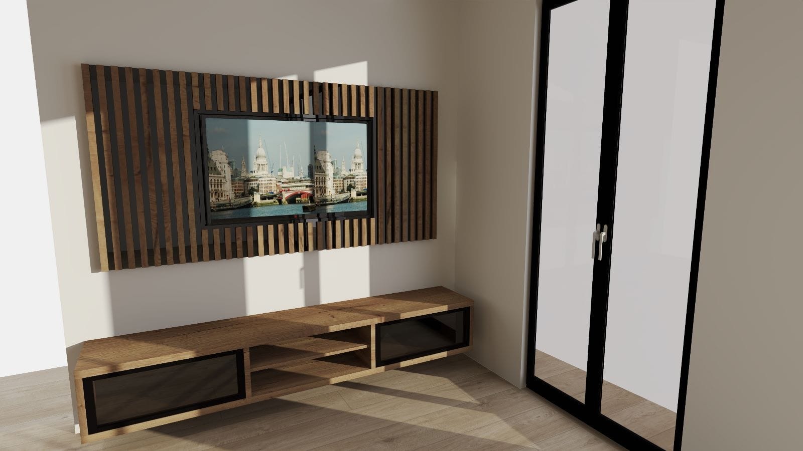Wizualizacja wnętrza: drewniana szafka RTV z czarnymi wstawkami pod wiszącym telewizorem otoczonym drewnianymi lamelami, obok przeszklone drzwi przesuwne.