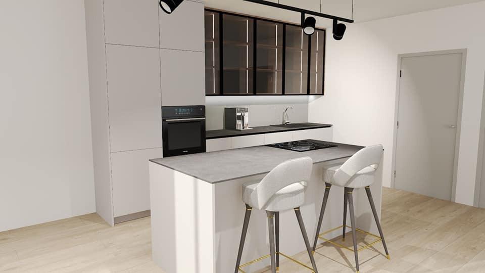 Wizualizacja nowoczesnej kuchni z białymi frontami, szarym blatem, wyspą z dwoma krzesłami barowymi i czarnymi akcentami w postaci oświetlenia oraz przeszklonych szafek wiszących.