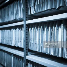 Półki regału wypełnione rzędami szarych segregatorów z dokumentami, widoczne etykiety z nazwami, chłodna tonacja zdjęcia.