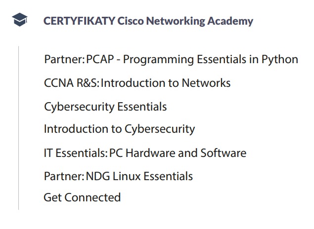 Zdobyte najważniejsze certyfikaty na przestrzeni lat edukacji.