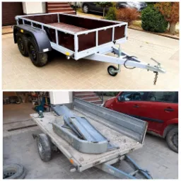 Dwa ujęcia przyczepy: górne przedstawia nową przyczepę z brązowymi bokami i szarą ramą stojącą na kostce brukowej, dolne pokazuje starą przyczepę z elementami do naprawy w warsztacie.