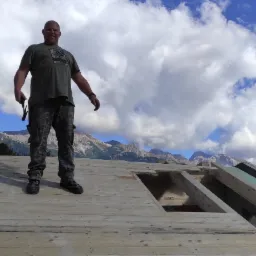 Mężczyzna z młotkiem stoi na drewnianej konstrukcji dachu w trakcie budowy, z widokiem na góry i błękitne niebo z chmurami.