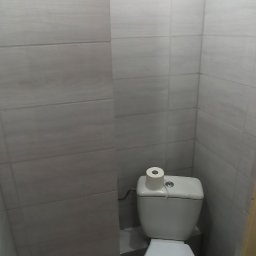 BudDom - Mała łazienka z toaletą, wykończona szarymi, poziomymi płytkami imitującymi drewno. Na spłuczce rolka papieru toaletowego.