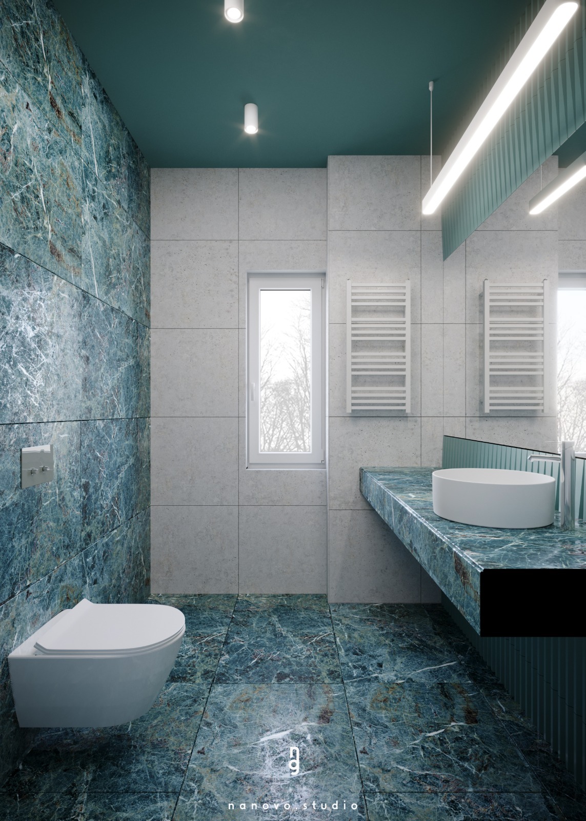 Nowoczesna łazienka z płytkami imitującymi marmur w odcieniach zieleni i bieli, z wiszącą toaletą, umywalką nablatową i grzejnikiem drabinkowym.