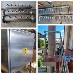 Kolaż zdjęć przedstawiający: trzy kolektory ze stali nierdzewnej z króćcami, dwa rzędy rur ze stali nierdzewnej z zaworami kulowymi, metalowa szafka z żółtą naklejką ostrzegawczą GAZ...