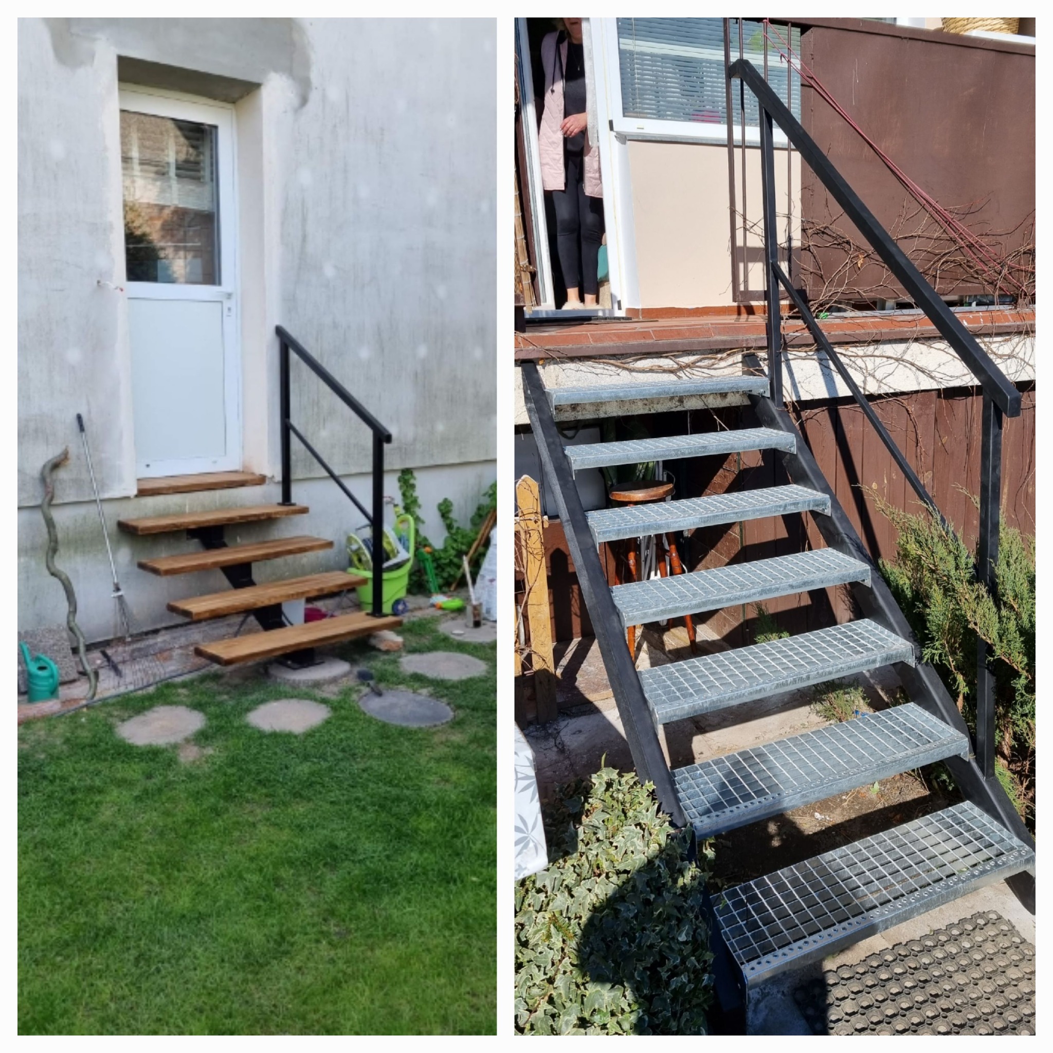 Zestawienie dwóch typów schodów zewnętrznych: drewniane stopnie z czarną poręczą prowadzące do białych drzwi oraz metalowe schody kratowe z czarną poręczą prowadzące do drzwi balkonowych.