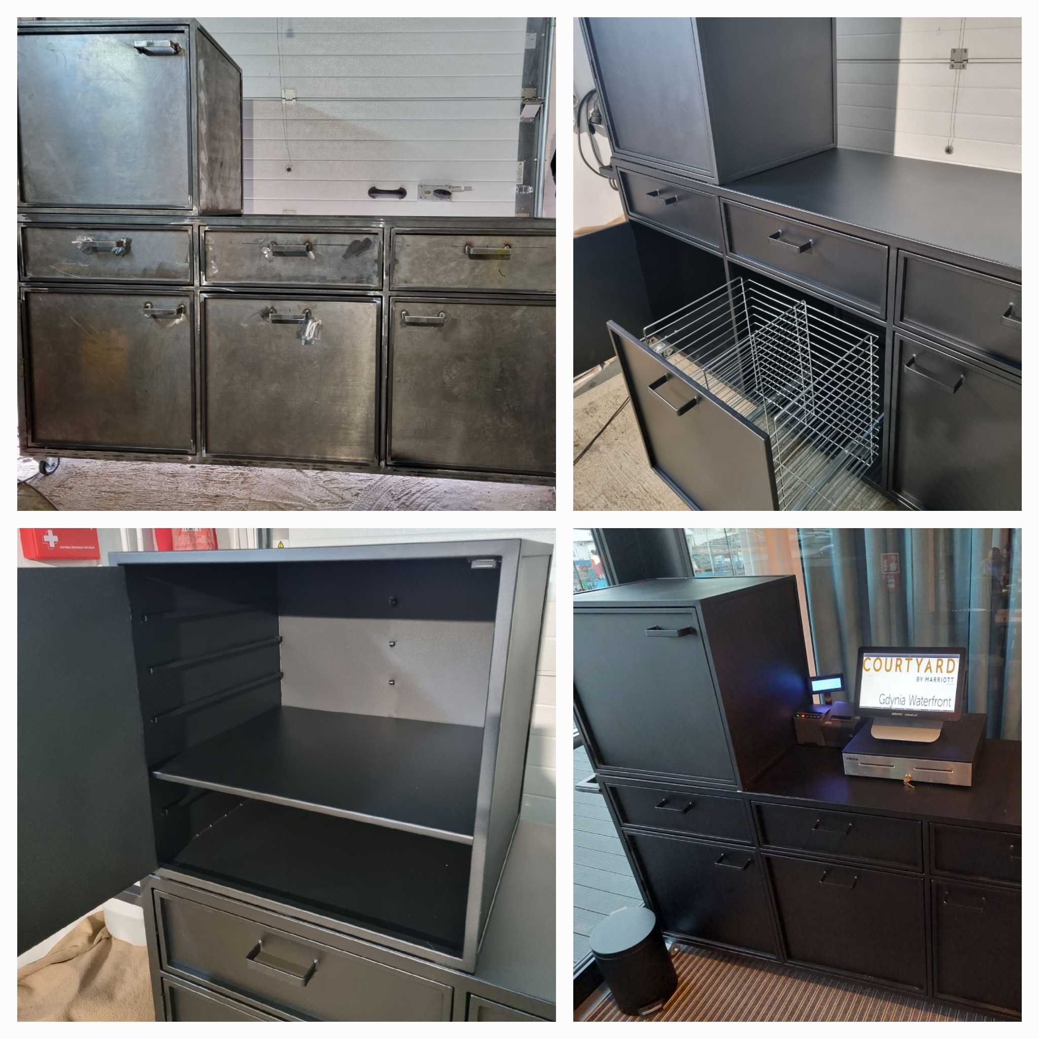 Zestaw metalowych szafek i szuflad w stylu industrialnym, niektóre z otwartymi drzwiami, ukazując wnętrze z metalową siatką i półkami, w tle logo Courtyard by Marriott Gdynia Waterfront.