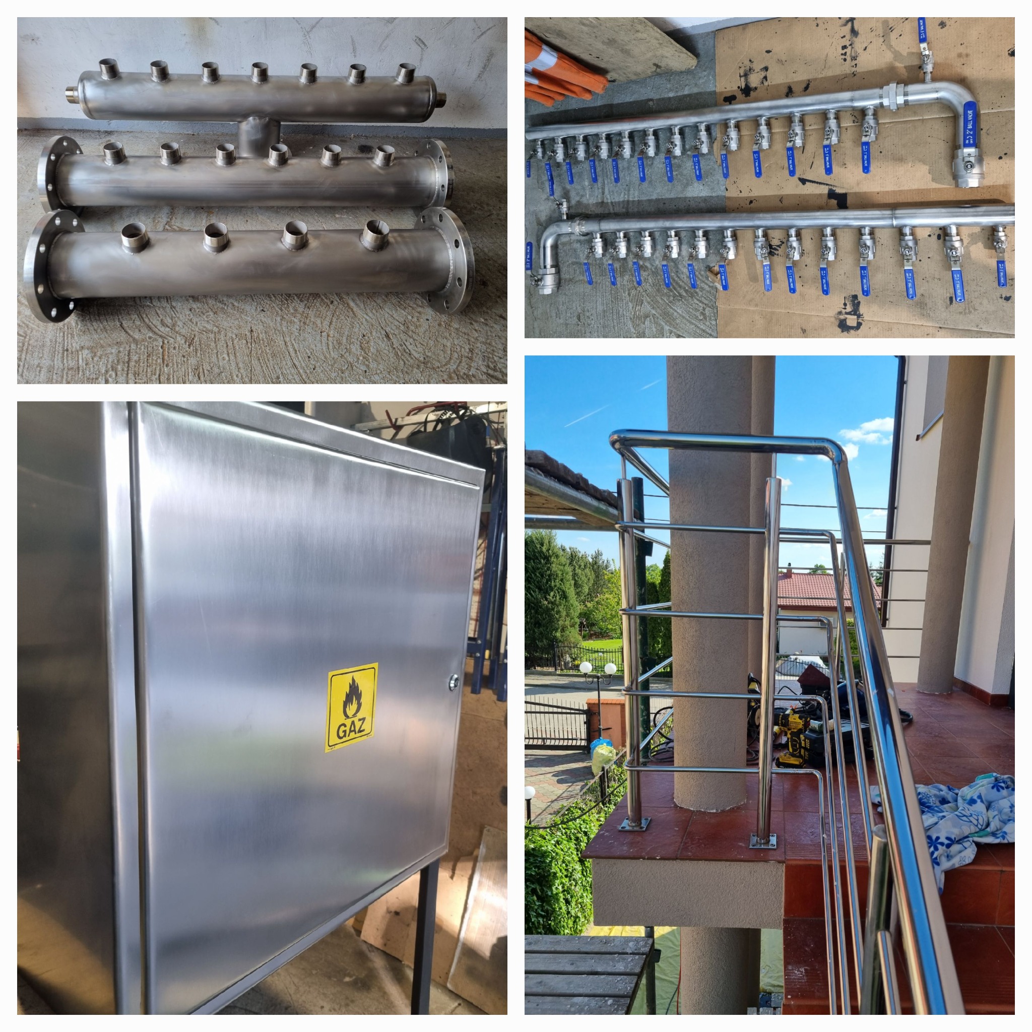 Kolaż zdjęć przedstawiający: trzy kolektory ze stali nierdzewnej z króćcami, dwa rzędy rur ze stali nierdzewnej z zaworami kulowymi, metalowa szafka z żółtą naklejką ostrzegawczą GAZ...