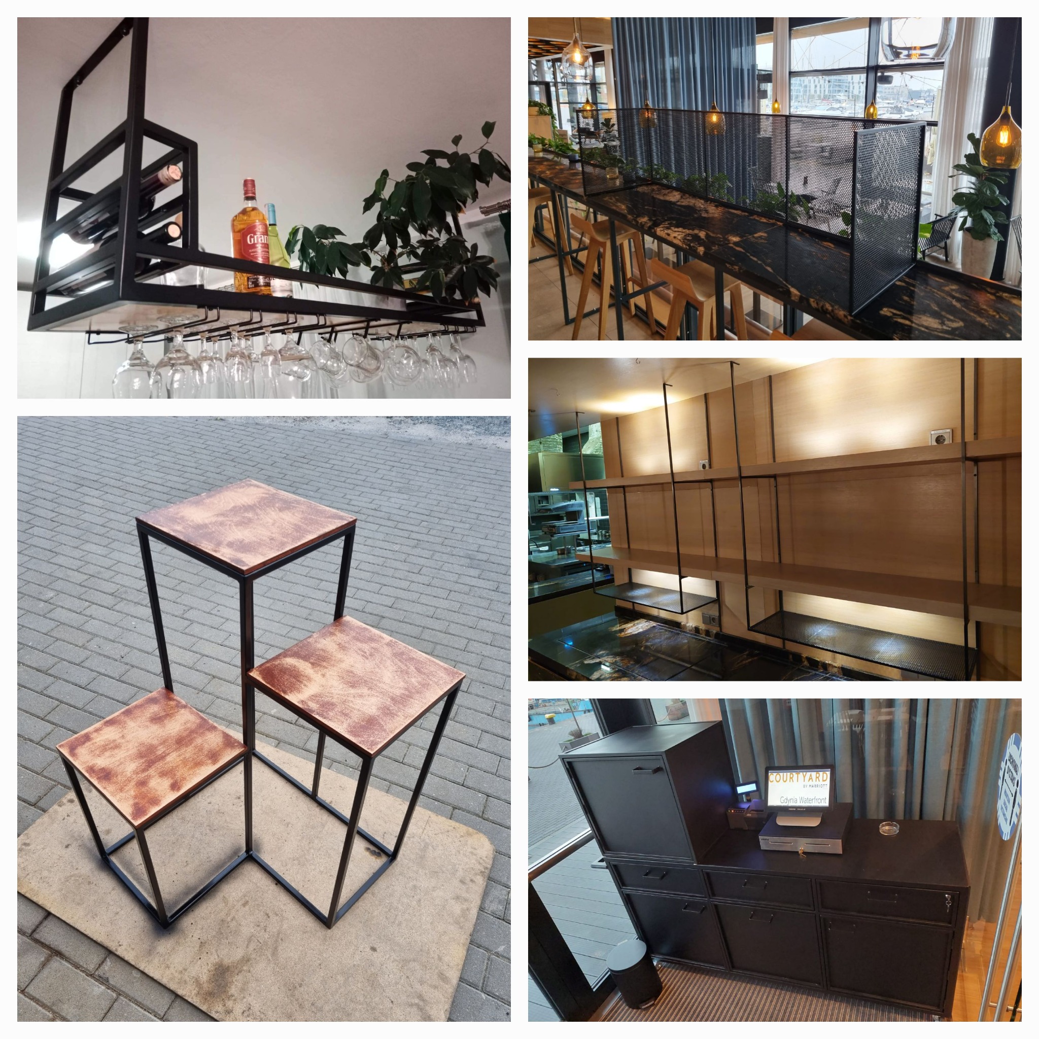 Zestawienie zdjęć: czarna metalowa rama z półką na wino i kieliszki, ażurowe osłony z metalu na barze, trzy metalowe stoliki z miedzianymi blatami oraz czarna metalowa szafka z blatem i komputerem.