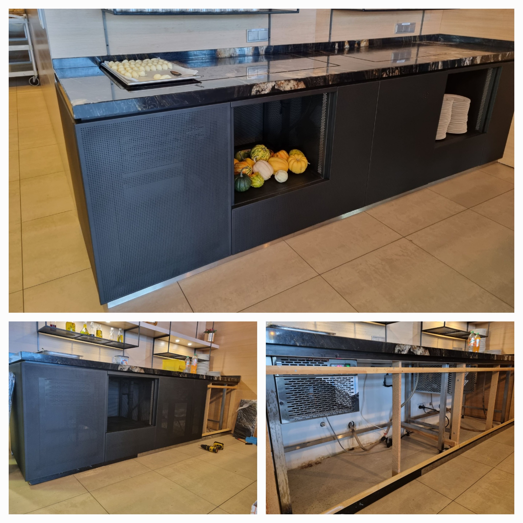 Czarna szafa na wymiar z blatem imitującym marmur, z otwartymi półkami dekorowanymi dyniami i ułożonymi talerzami, widoczna w trakcie montażu z odsłoniętą konstrukcją i narzędziami w tle.