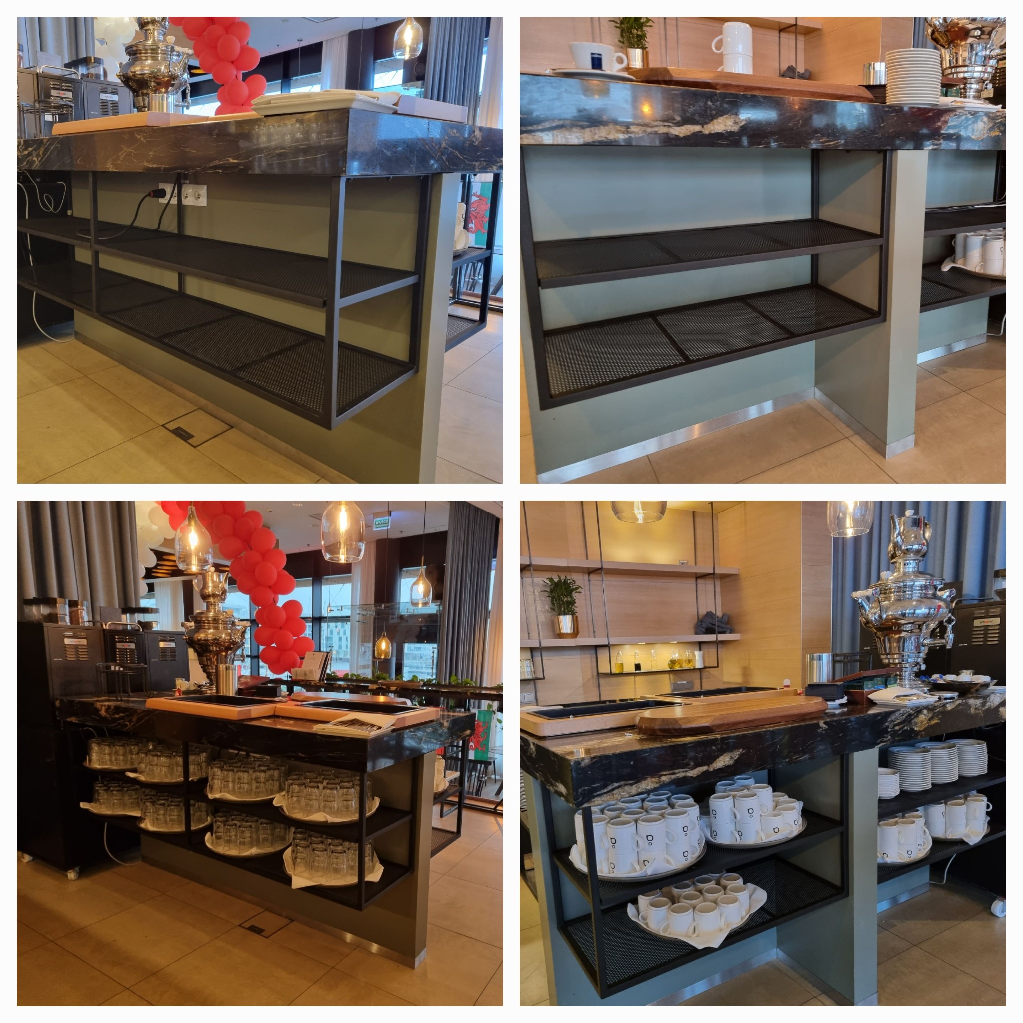 Metalowa konstrukcja regału z czarnym blatem imitującym marmur, z półkami z siatki, wykorzystywana w restauracji lub hotelu do przechowywania naczyń i przyborów.