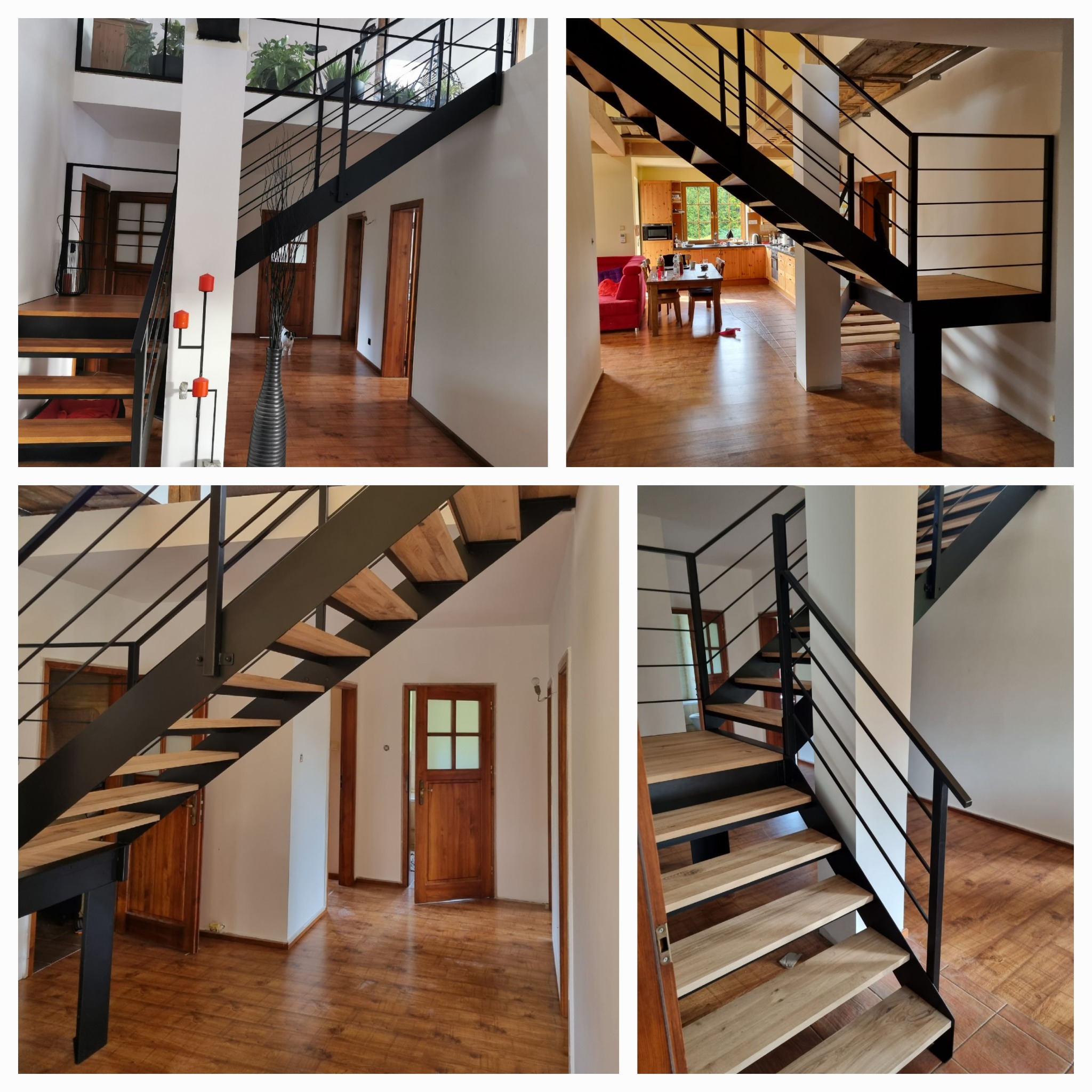 Wielokadrowy widok nowoczesnych schodów metalowych z drewnianymi stopniami w przestronnym wnętrzu domu w Kwidzynie, z minimalistyczną balustradą z poziomych prętów.