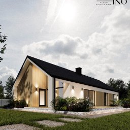 Domino - Wizualizacja domu jednorodzinnego z czarnym dachem i drewnianą elewacją, otoczonego zielenią. Widoczny fragment ścieżki z kamienia i logo biura projektowego.