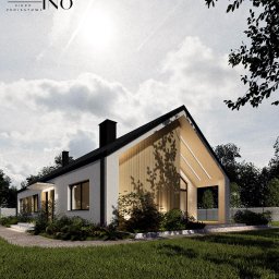 Domino - Wizualizacja domu jednorodzinnego z dachem dwuspadowym i elementami drewnianymi, otoczonego zielenią. Nowoczesny projekt z dużymi przeszkleniami i minimalistycznym designem.