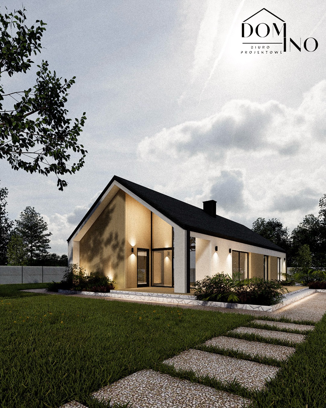Wizualizacja domu jednorodzinnego z dachem dwuspadowym, oświetlonym wejściem i ścieżką z kamiennych płyt, otoczonego zielenią. Nowoczesny design z elementami drewna.