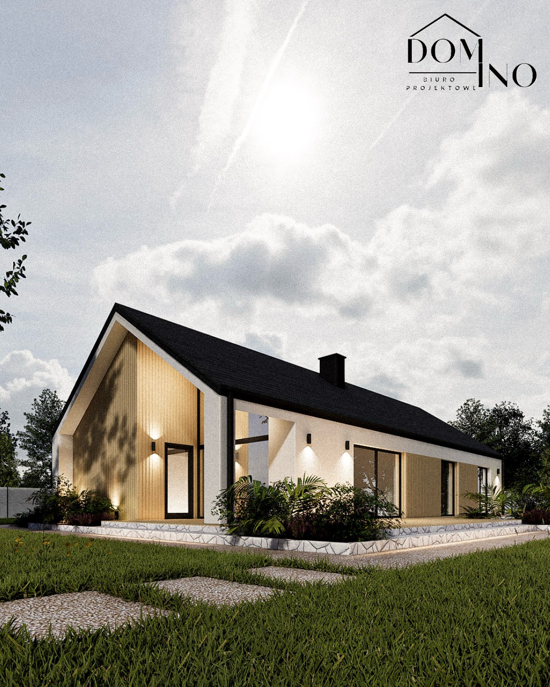 Wizualizacja domu jednorodzinnego z czarnym dachem i drewnianą elewacją, otoczonego zielenią. Widoczny fragment ścieżki z kamienia i logo biura projektowego.