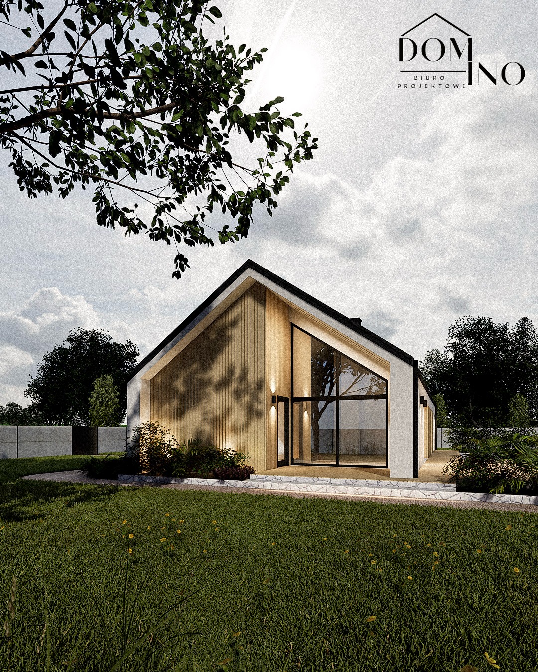 Wizualizacja domu jednorodzinnego z dużymi przeszkleniami i drewnianą elewacją, otoczonego zielenią. Nowoczesny projekt architektoniczny z elementami naturalnego krajobrazu.