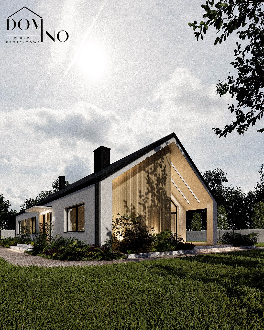 Wizualizacja domu jednorodzinnego z dachem dwuspadowym i elementami drewnianymi, otoczonego zielenią. Nowoczesny projekt z dużymi przeszkleniami i minimalistycznym designem.