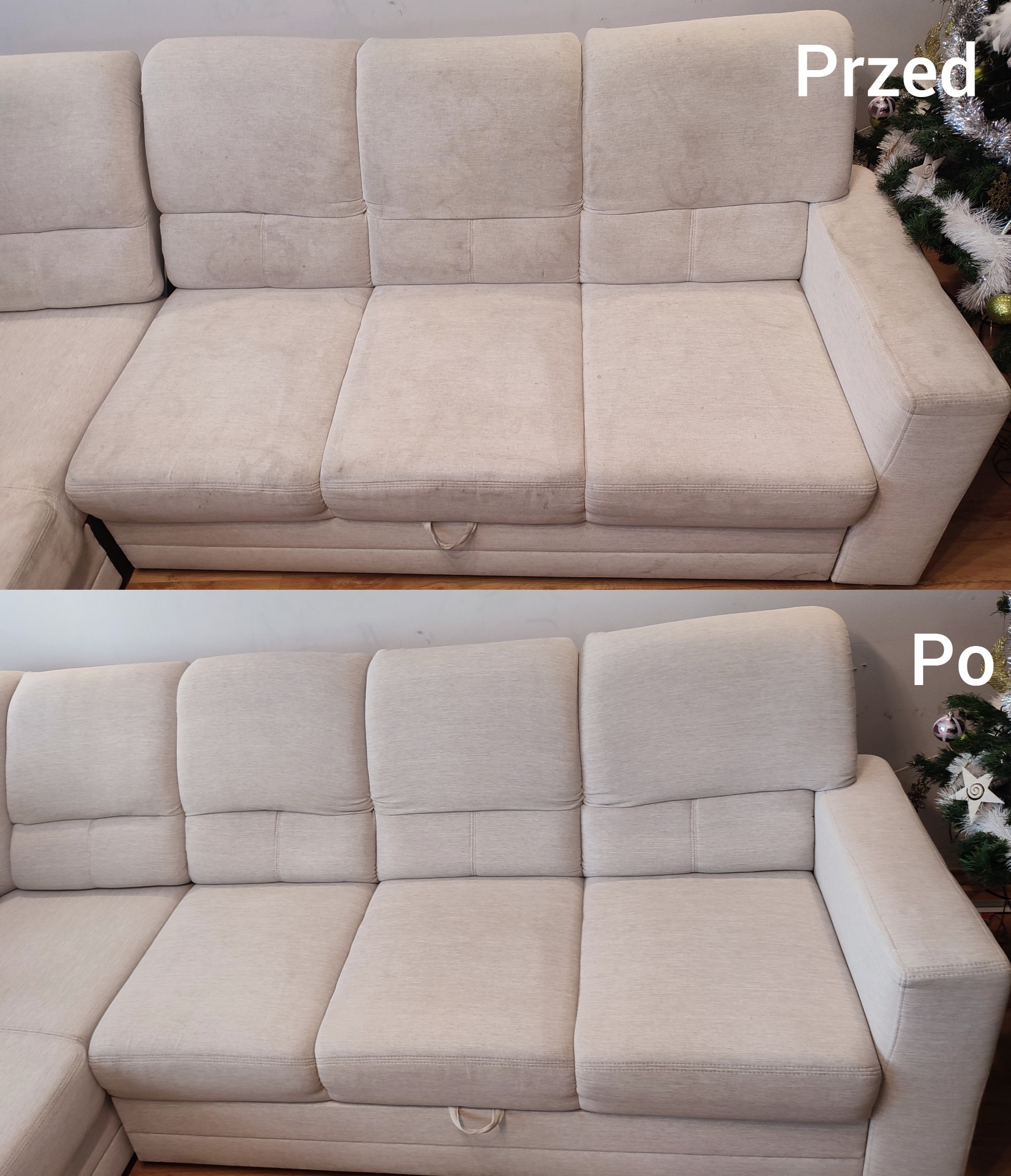 Beżowa, modułowa kanapa narożna: widok przed i po czyszczeniu tapicerki, z wyraźną różnicą w czystości materiału. Na zdjęciu po prawej stronie choinka.