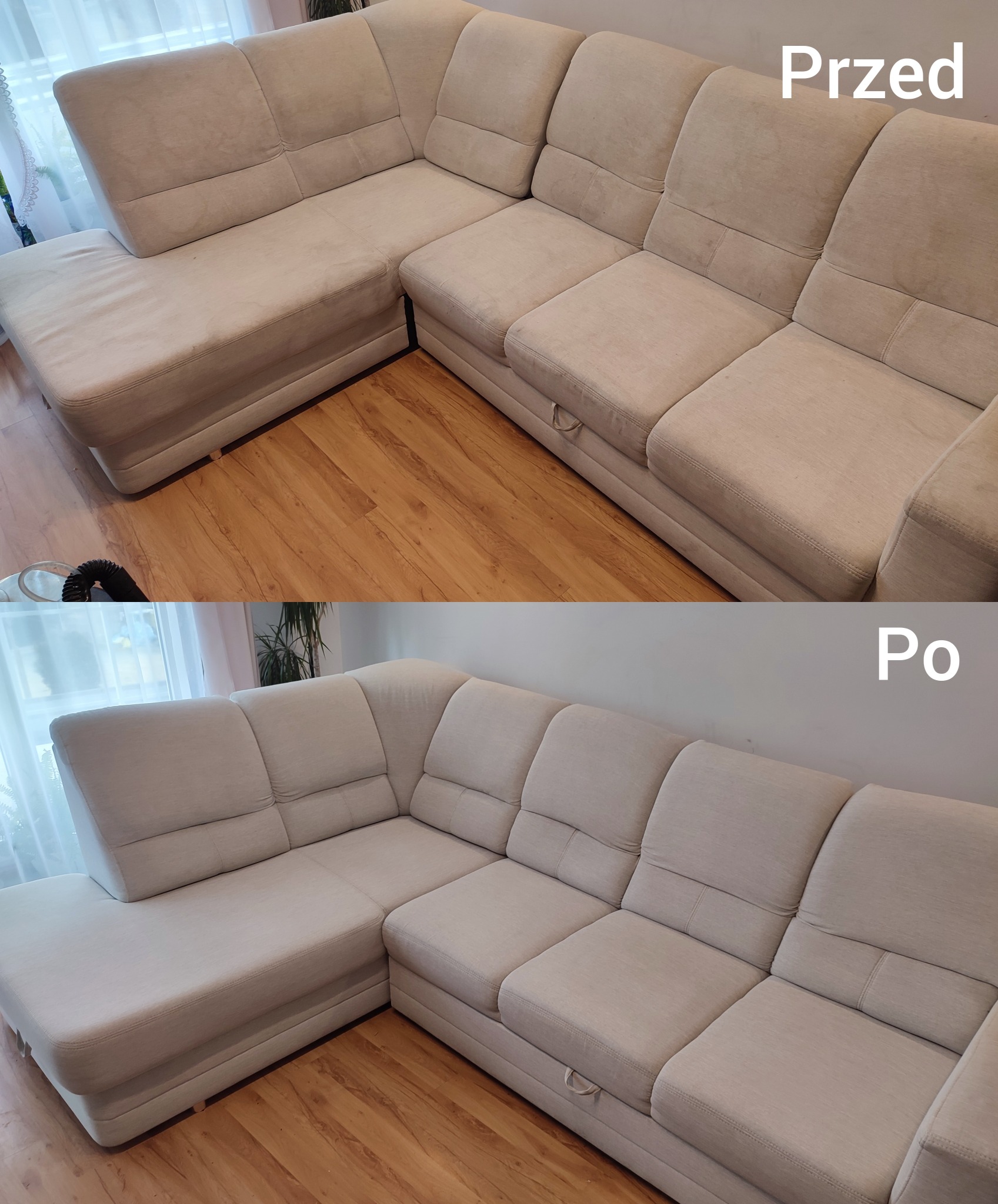 Beżowa, narożna kanapa z tapicerką w dwóch ujęciach: górne prezentuje stan przed czyszczeniem, dolne - po, z widoczną różnicą w odcieniu i czystości materiału.
