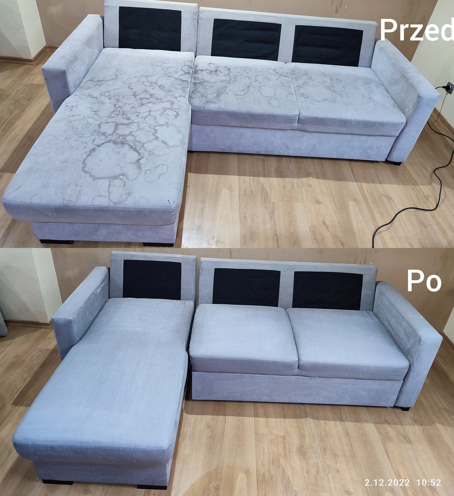 Zdjęcie porównawcze: narożnik z jasną tapicerką, widoczne plamy przed czyszczeniem w górnej części i czysty narożnik po praniu w dolnej części kadru.