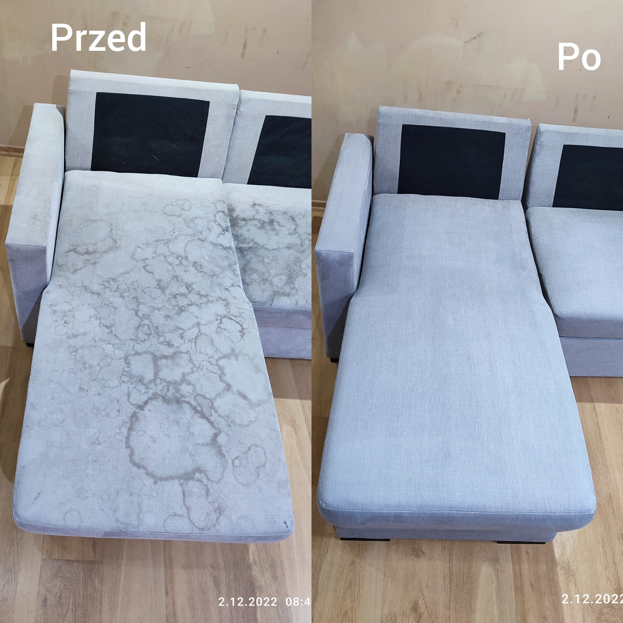 Porównanie wyglądu sofy przed i po czyszczeniu. Po lewej stronie widoczne liczne plamy na jasnej tapicerce, po prawej sofa z jednolitą, czystą powierzchnią.