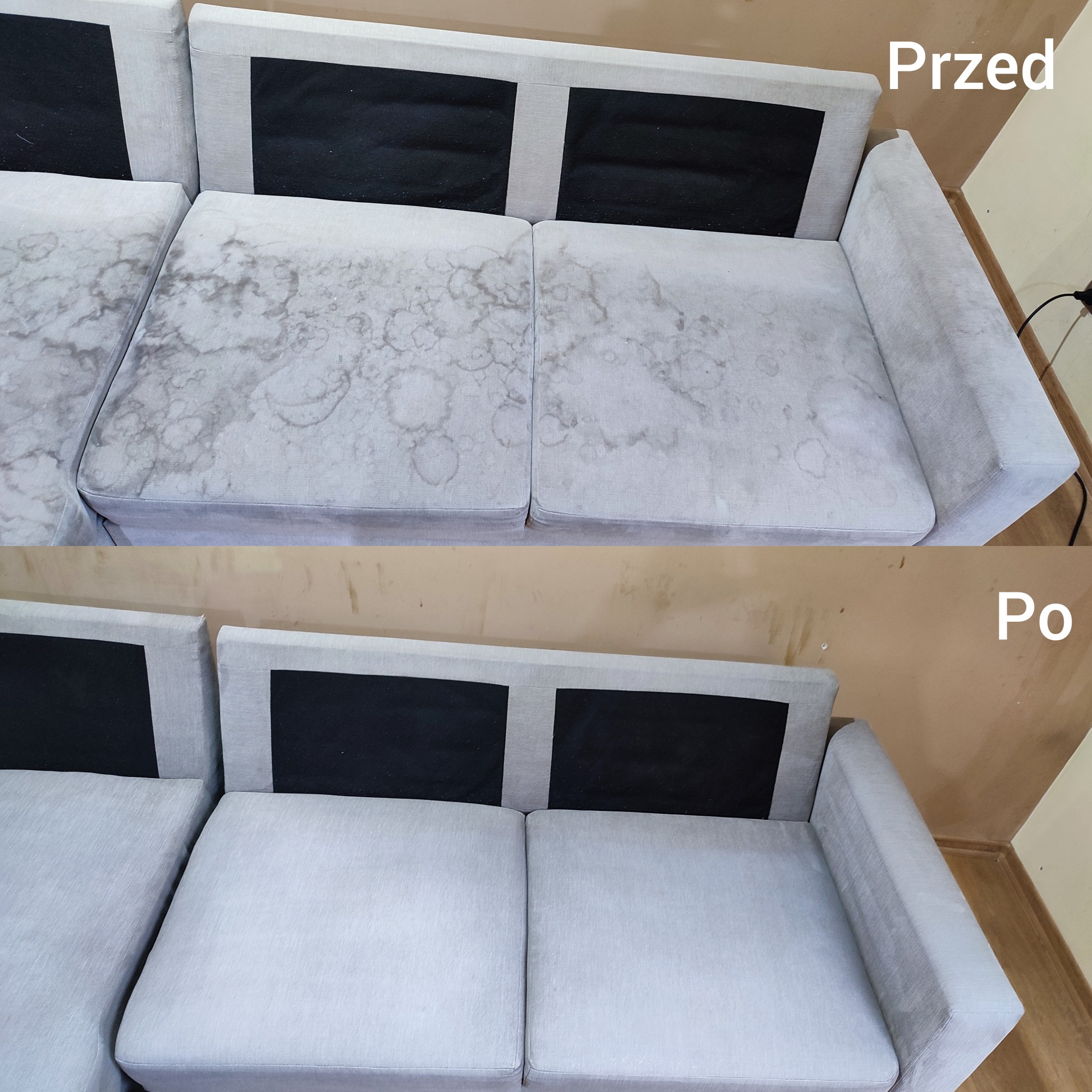 Porównanie 'Przed' i 'Po' czyszczenia jasnoszarej sofy modułowej z ciemnymi plamami na siedzisku. Górna część zdjęcia pokazuje sofę z widocznymi zabrudzeniami, dolna część prezentuje sofę po...