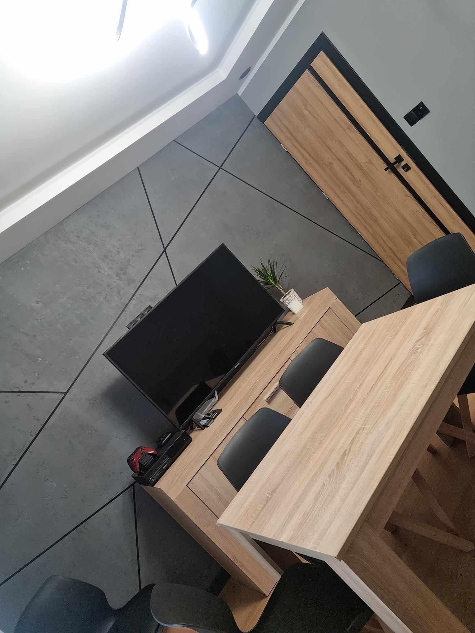 Szaro-białe wnętrze pokoju dziennego z betonową ścianą z czarnymi liniami, drewnianą szafką RTV, telewizorem, rośliną w doniczce, drewnianym stołem i czarnymi krzesłami, oraz drewnianymi drzwiami...