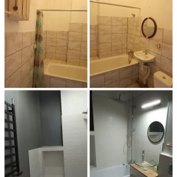Firma remontowo-wykończeniowa - Kolaż prezentujący metamorfozę łazienki: od płytek w beżach i starej armatury do nowoczesnej, białej przestrzeni z szarą ścianą, szklaną umywalką i oświetleniem LED.