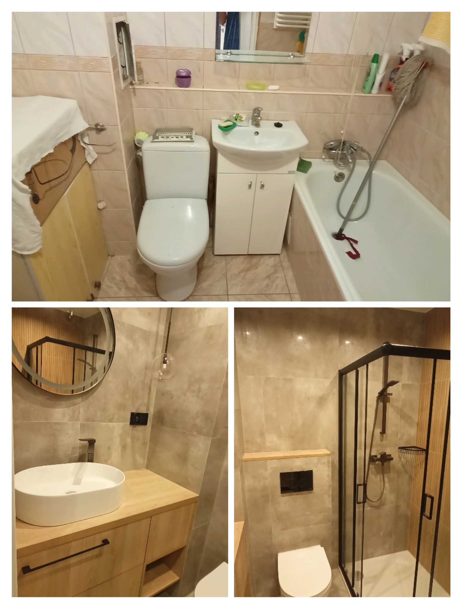 Kolaż prezentujący odnowioną łazienkę: górny kadr z widokiem na wannę, toaletę i umywalkę, dolne kadry ukazują nowoczesną umywalkę i kabinę prysznicową.