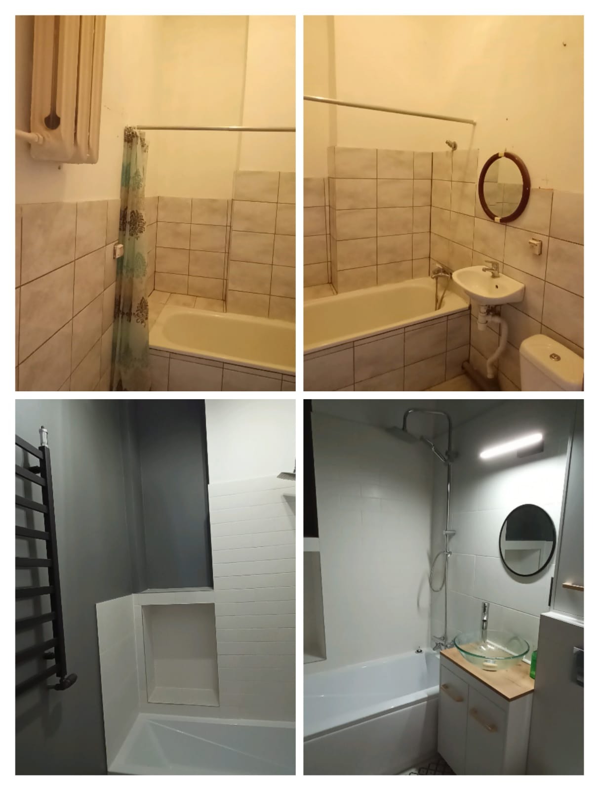 Kolaż prezentujący metamorfozę łazienki: od płytek w beżach i starej armatury do nowoczesnej, białej przestrzeni z szarą ścianą, szklaną umywalką i oświetleniem LED.