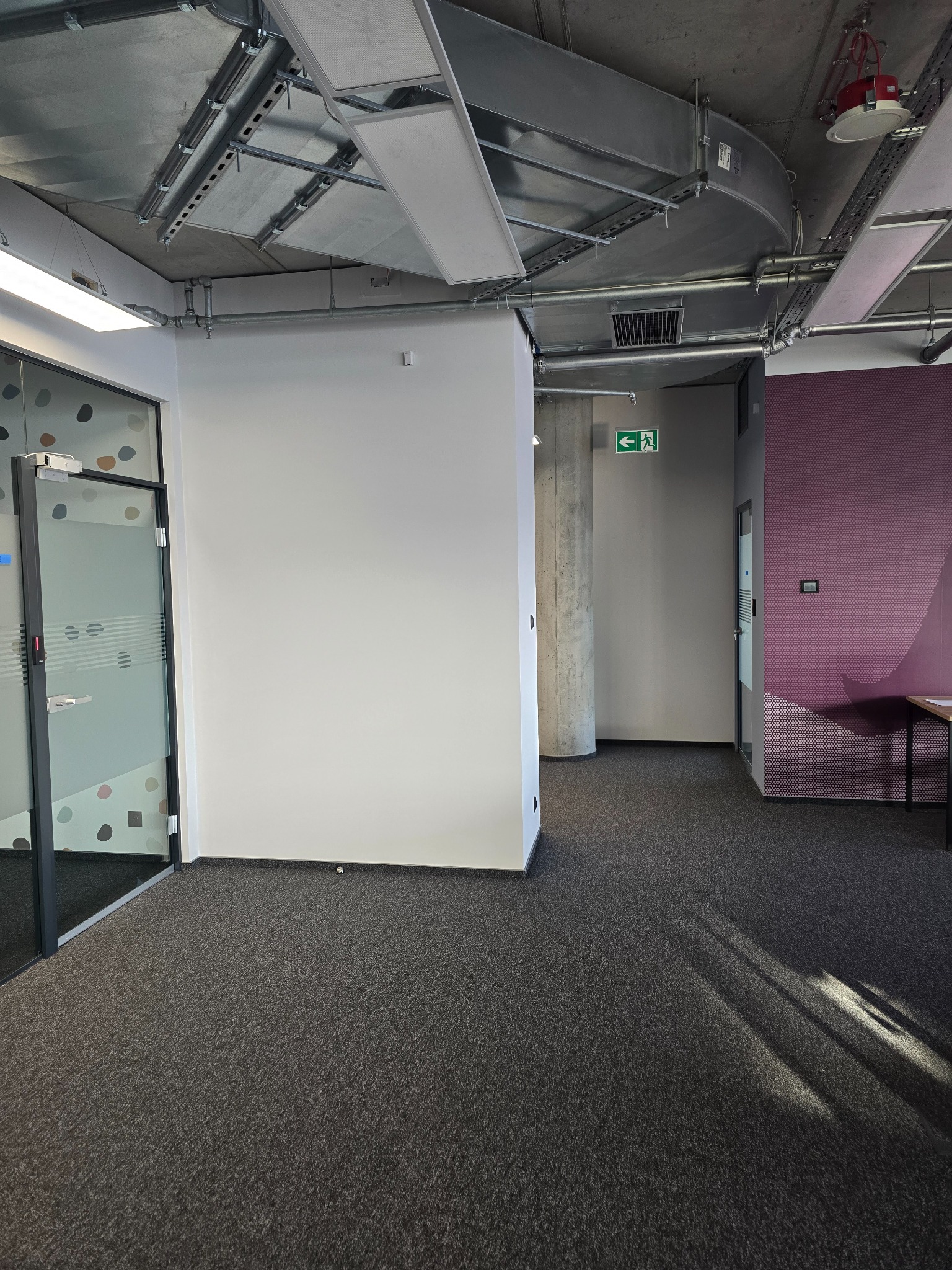 Wnętrze biura przed remontem: puste pomieszczenie z szarą wykładziną, białe ściany, przeszklone drzwi z dekoracyjną folią, widoczne instalacje pod sufitem.