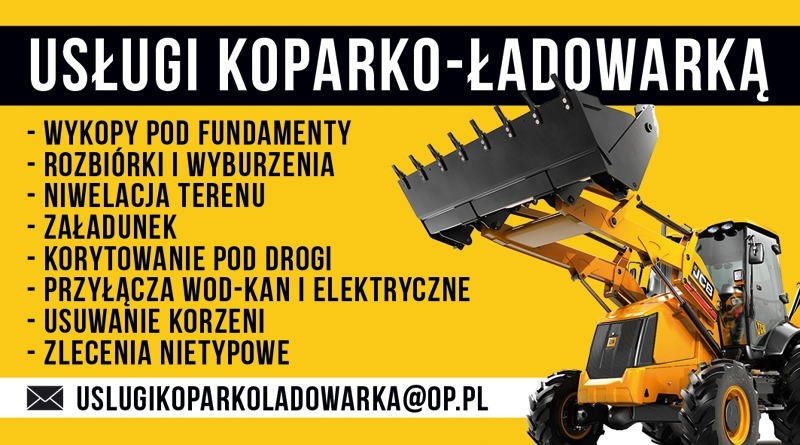 Żółto-czarna reklama usług koparko-ładowarką JCB, z wyszczególnionymi pracami ziemnymi, wykopami pod fundamenty i rozbiórkami.