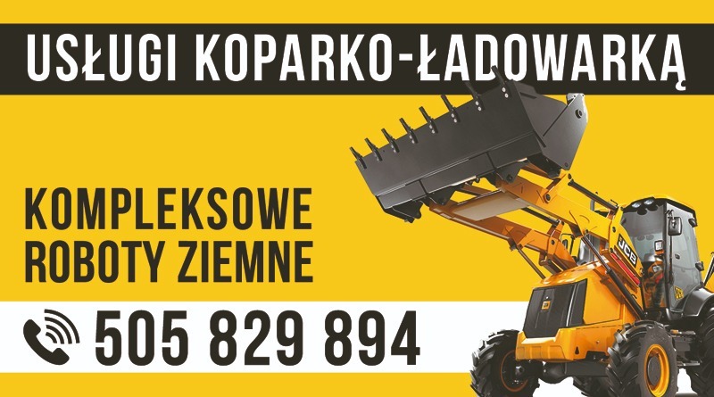 Żółta koparko-ładowarka JCB na tle reklamy 'Usługi Koparko-Ładowarką, Kompleksowe Roboty Ziemne' z numerem telefonu.