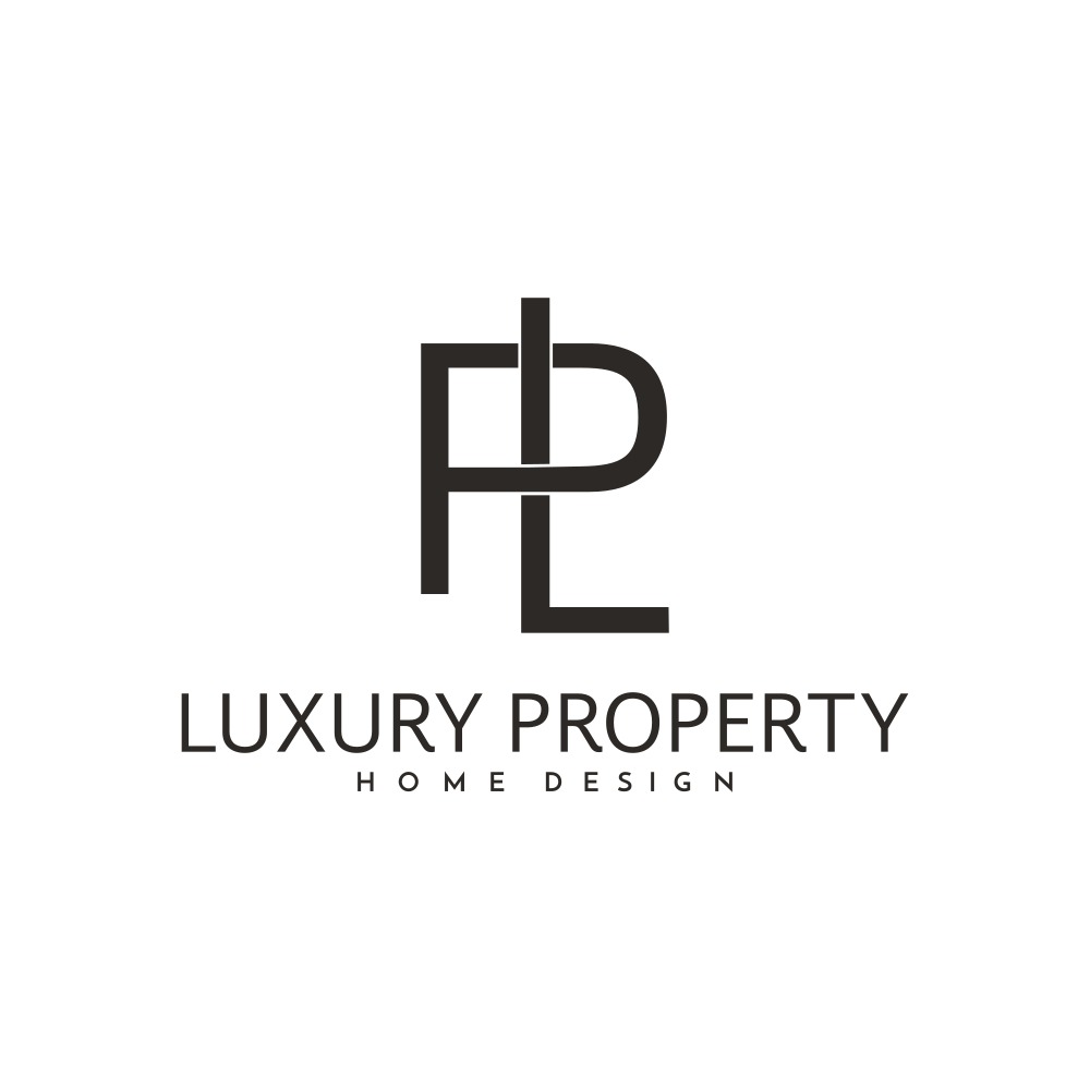 Logo firmy Luxury Property Home Design z abstrakcyjnym symbolem składającym się z liter F, P oraz L w kolorze czarnym na białym tle.