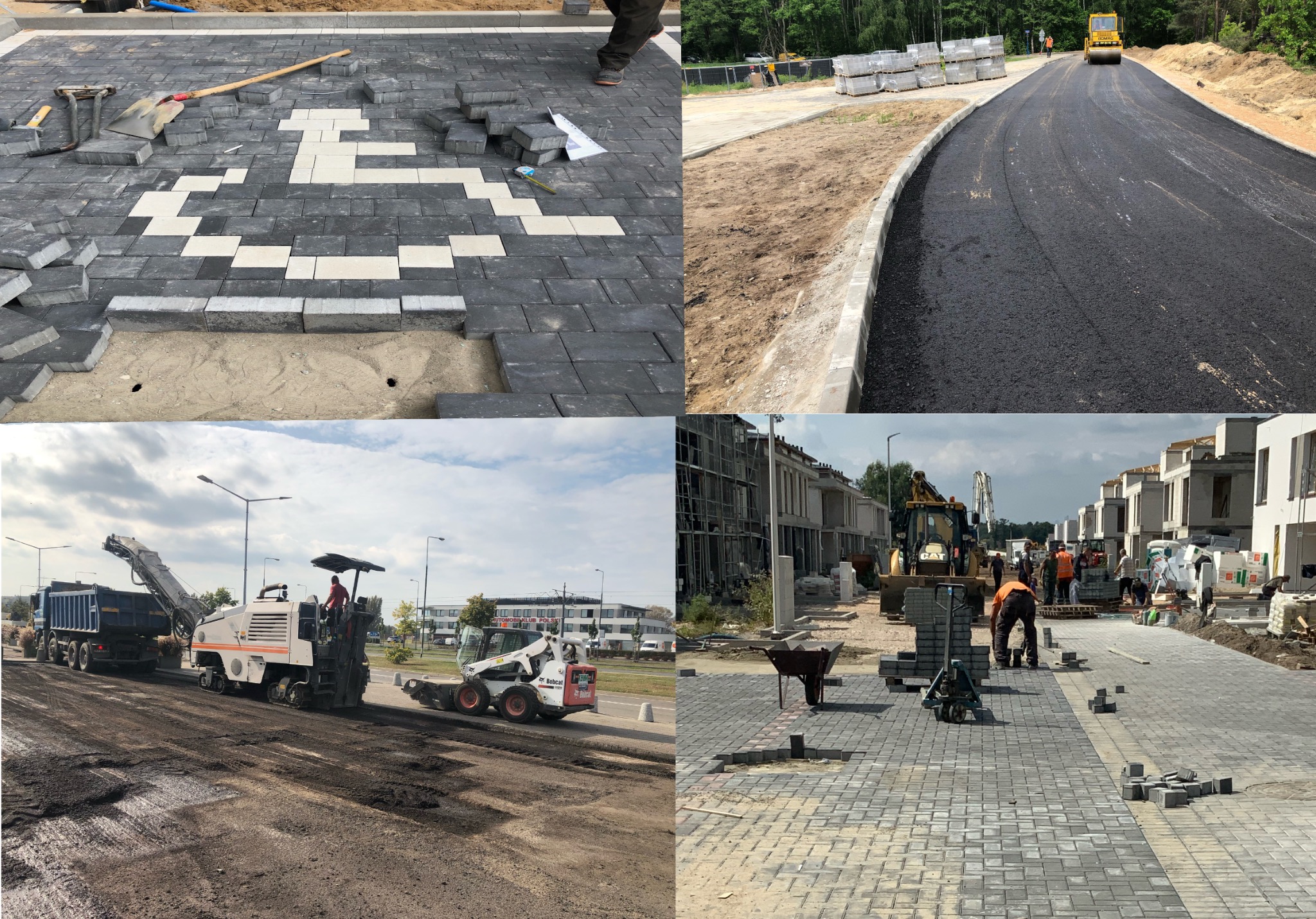 Etap układania dwukolorowej kostki brukowej na podbudowie piaskowej, widoczne narzędzia brukarskie i częściowo ułożony wzór, w tle maszyny do budowy dróg i powstające budynki.