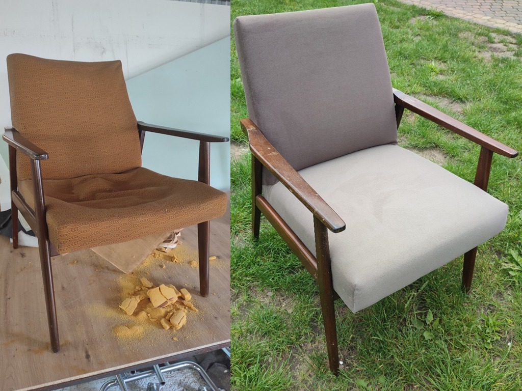 Renowacja fotela: porównanie stanu przed i po wymianie tapicerki na gładką, szarą tkaninę. Stara, brązowa tapicerka z wzorem leży w kawałkach pod fotelem.