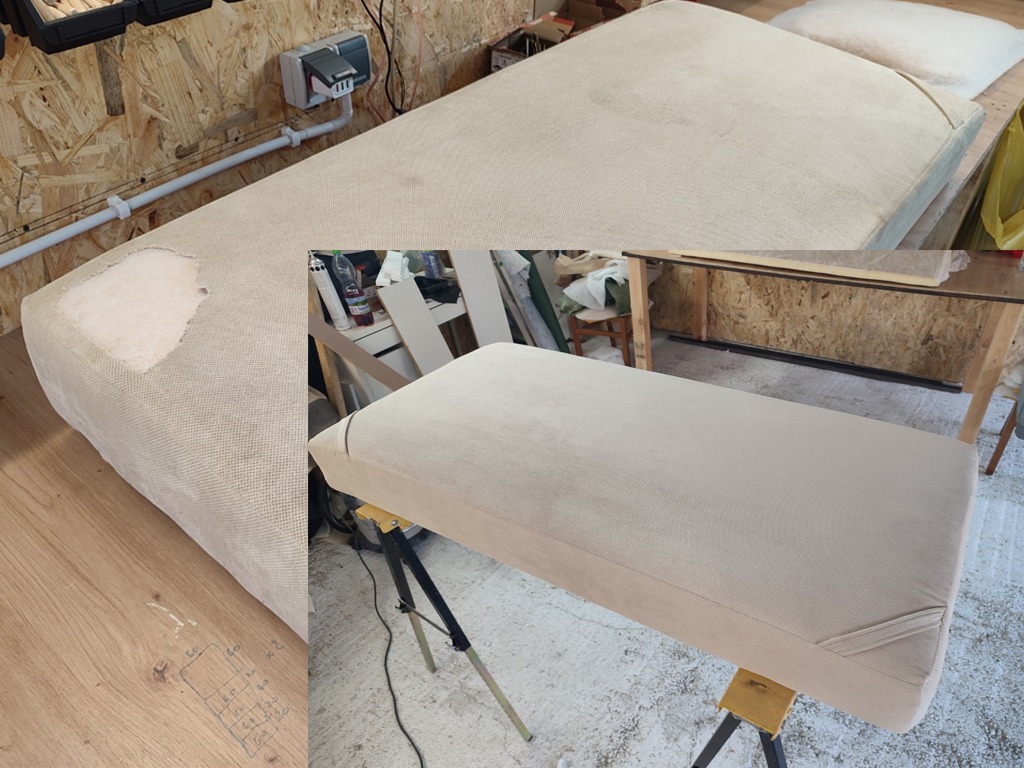 Dwa ujęcia tapicerowanego mebla w warsztacie: jedno przed renowacją z widocznym ubytkiem w tapicerce, drugie po, na metalowym stojaku, z nową, beżową tkaniną.