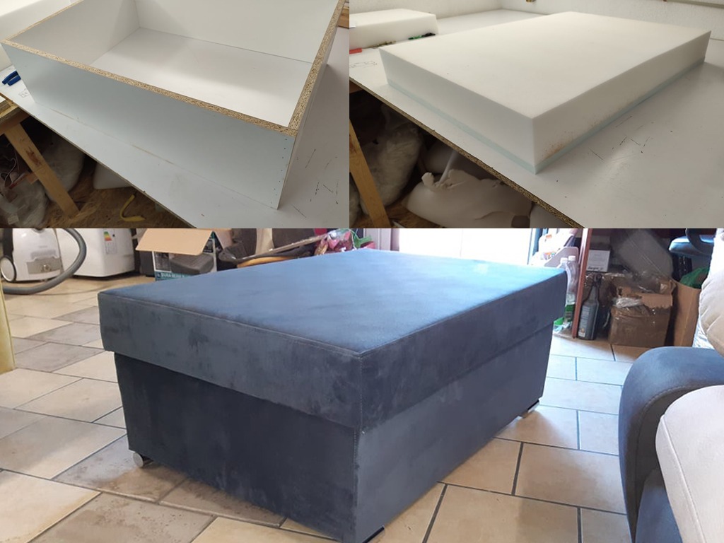 Etapy tworzenia pufy: drewniany szkielet, piankowy wkład i gotowa, obita szarą tkaniną pufa na kółkach.