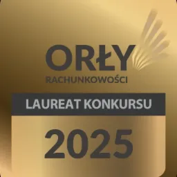 Złota statuetka 'Orły Rachunkowości', laureat konkursu 2025. Symbol prestiżu i uznania w branży finansowej. Elegancki design nagrody.
