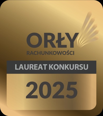 Złota statuetka 'Orły Rachunkowości', laureat konkursu 2025. Symbol prestiżu i uznania w branży finansowej. Elegancki design nagrody.