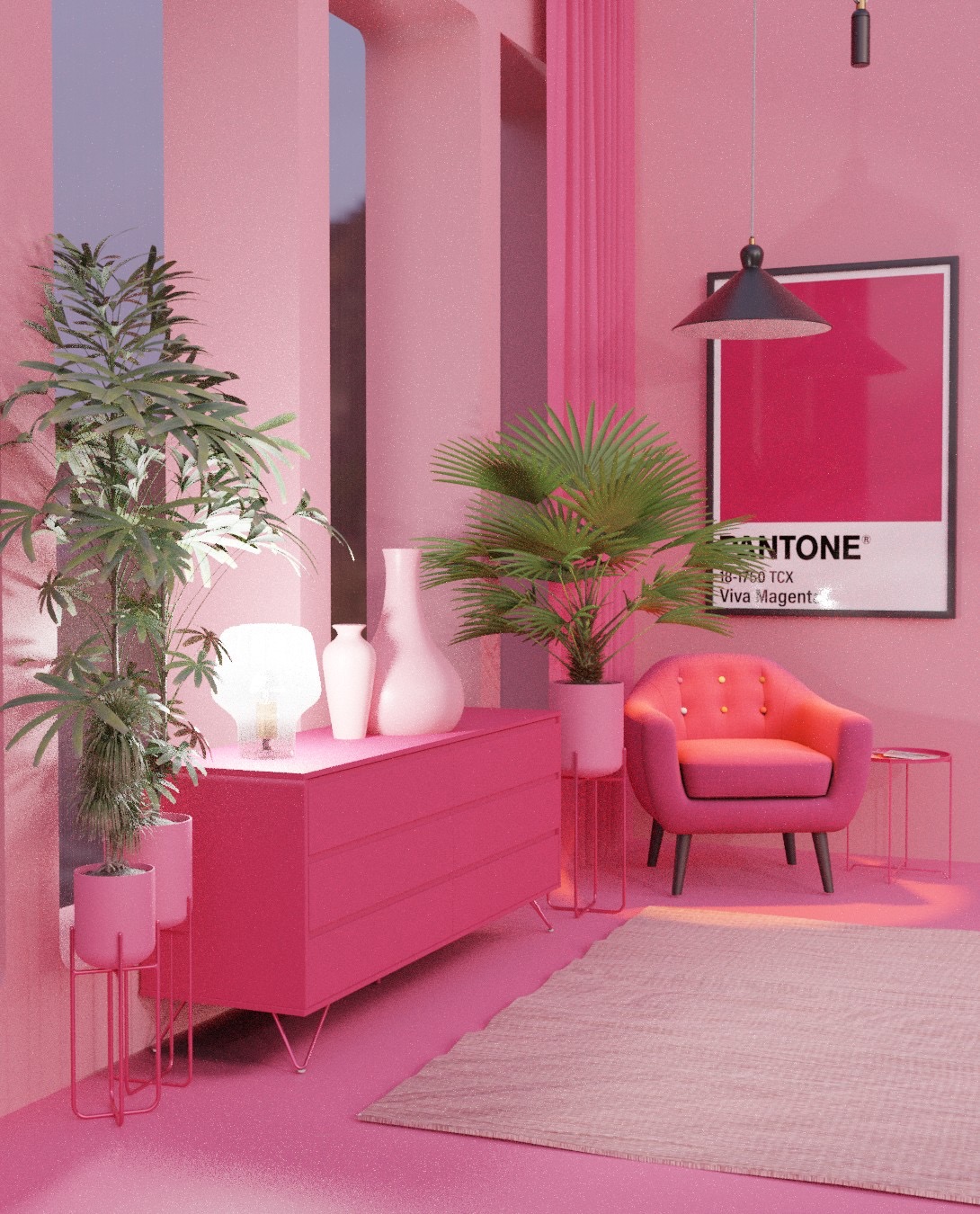 Pokój w odcieniach Viva Magenta: komoda z trzema szufladami, białe wazony, rośliny w doniczkach, fotel z guzikami, dywan i plakat z kolorem Pantone