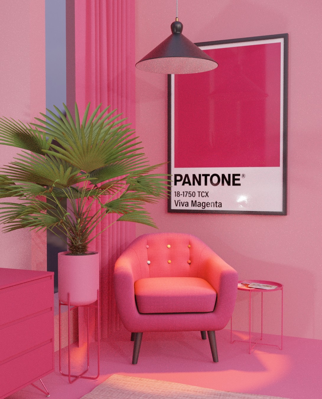 Pokój w odcieniach różu z fotelem, komodą, stolikiem i plakatem Pantone Viva Magenta, oświetlony wiszącą lampą.