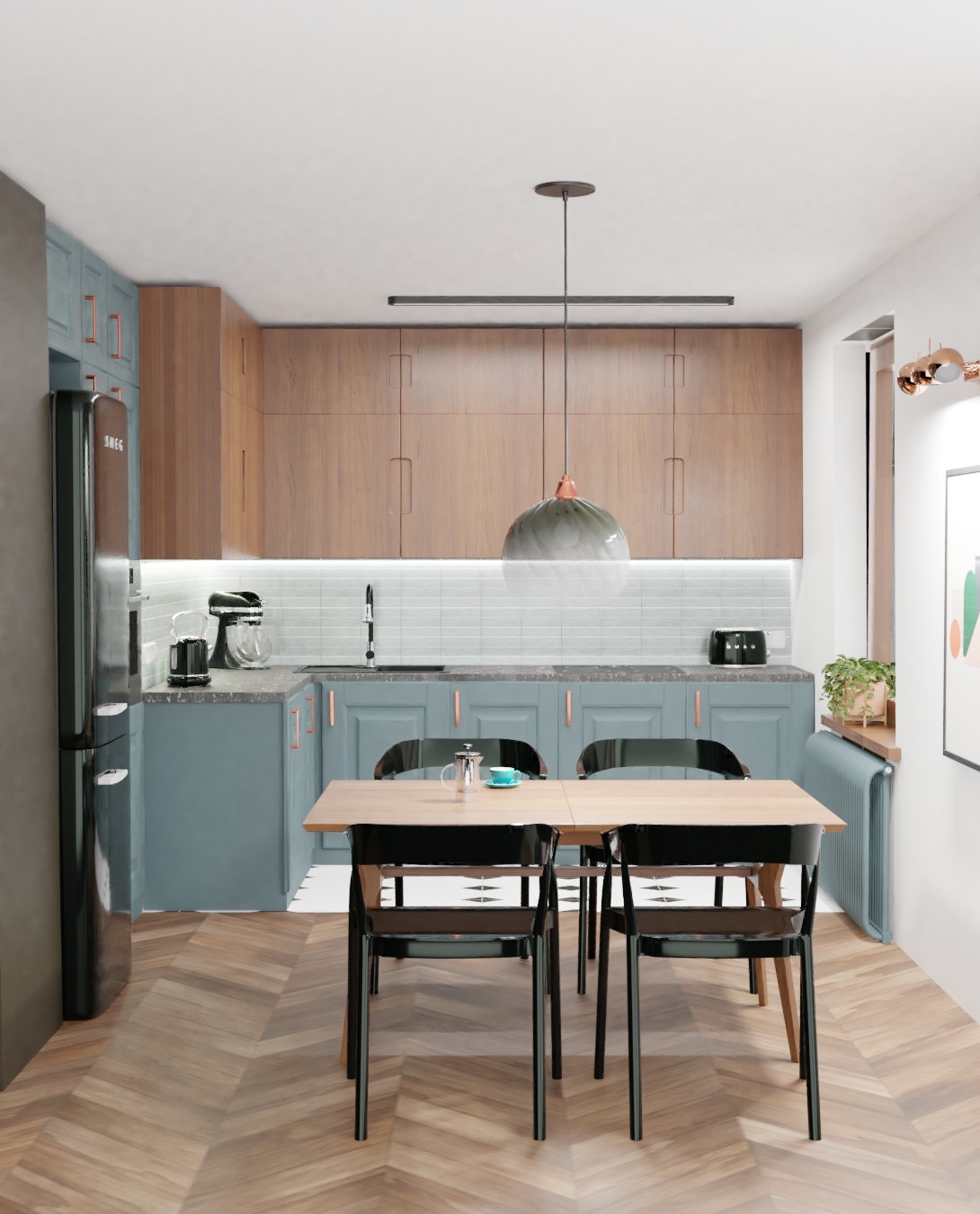 Wizualizacja kuchni z niebieskimi szafkami, drewnianym blatem, parkietem w jodełkę i czarnymi krzesłami. Na stole czajnik i filiżanka.