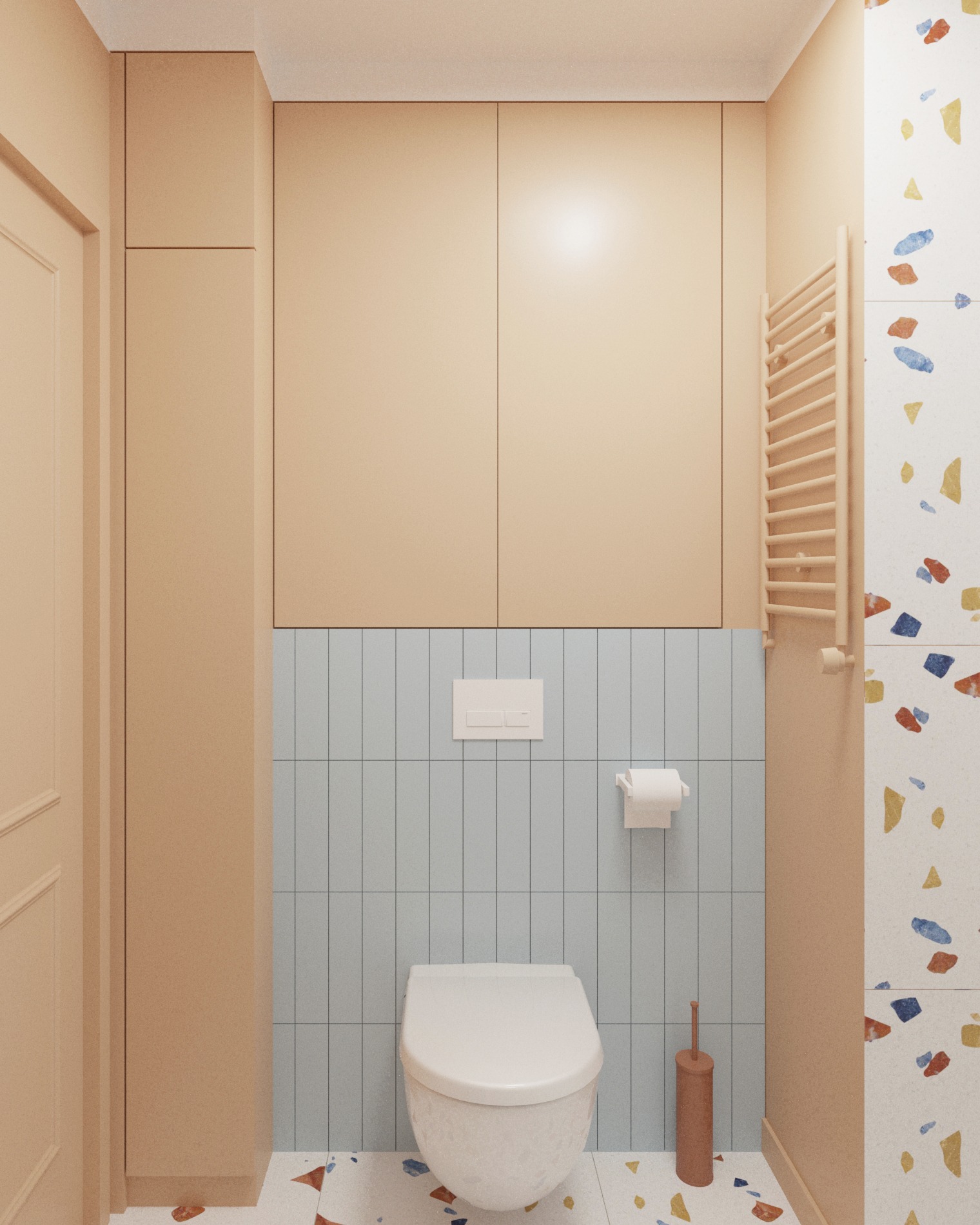 Nowoczesna łazienka w beżach i błękitach z toaletą podwieszaną, grzejnikiem drabinkowym i mozaiką lastryko na podłodze i ścianie akcentującej.