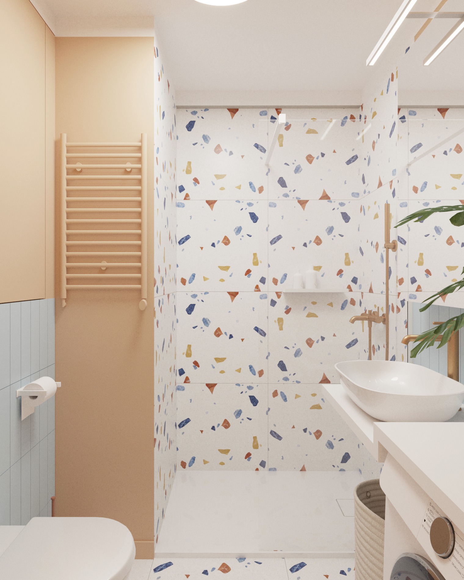 Nowoczesna łazienka z płytkami w stylu terrazzo, beżową szafką i grzejnikiem drabinkowym, oraz rośliną doniczkową.