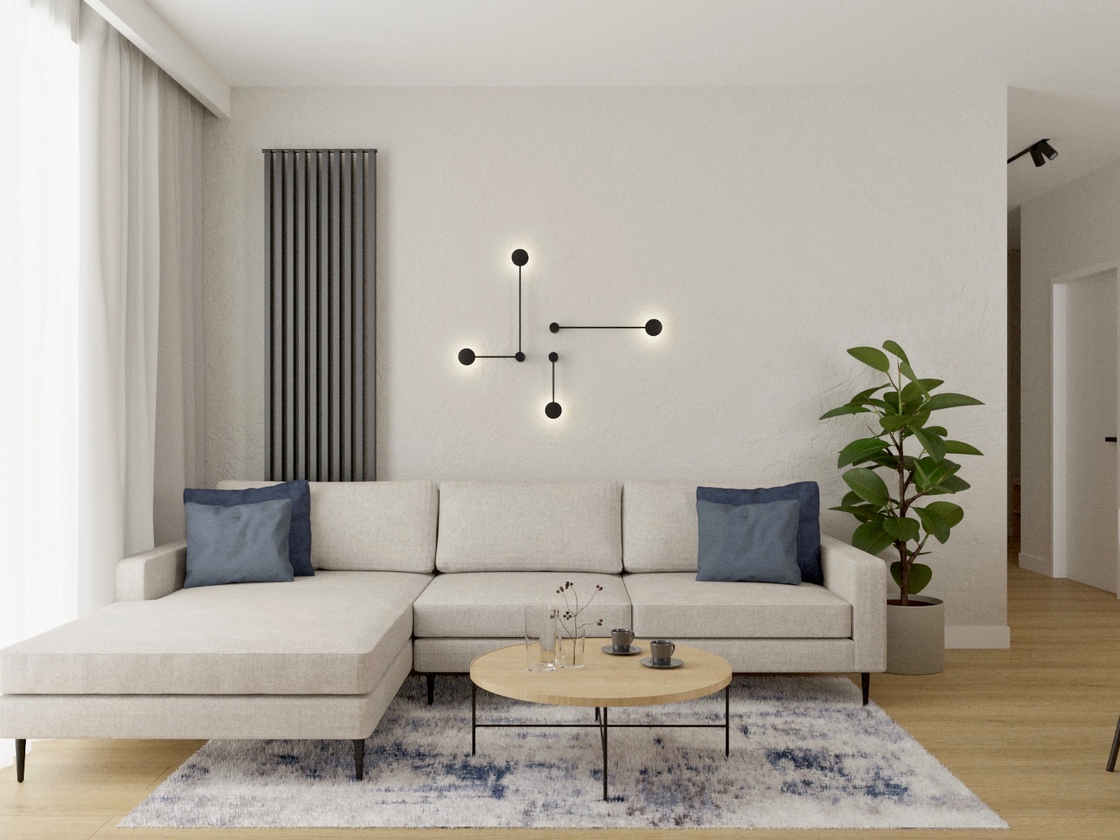 Jasny salon z narożną sofą, okrągłym stolikiem kawowym z filiżankami, nowoczesnym grzejnikiem panelowym i geometryczną lampą ścienną