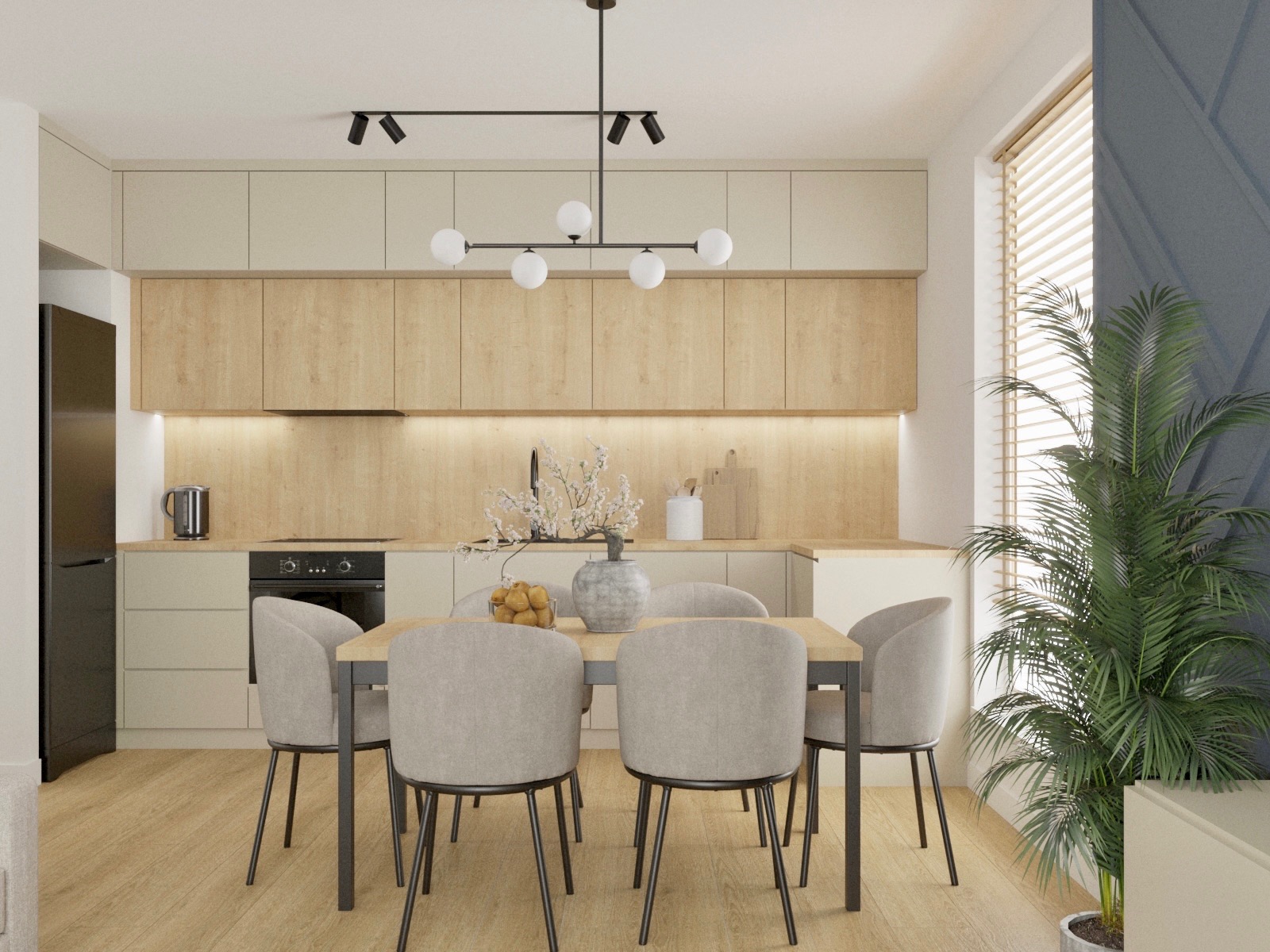 Wizualizacja jasnej kuchni z drewnianymi frontami, stołem jadalnianym z szarymi krzesłami i dekoracyjną lampą sufitową, uzupełniona o roślinę doniczkową przy oknie.