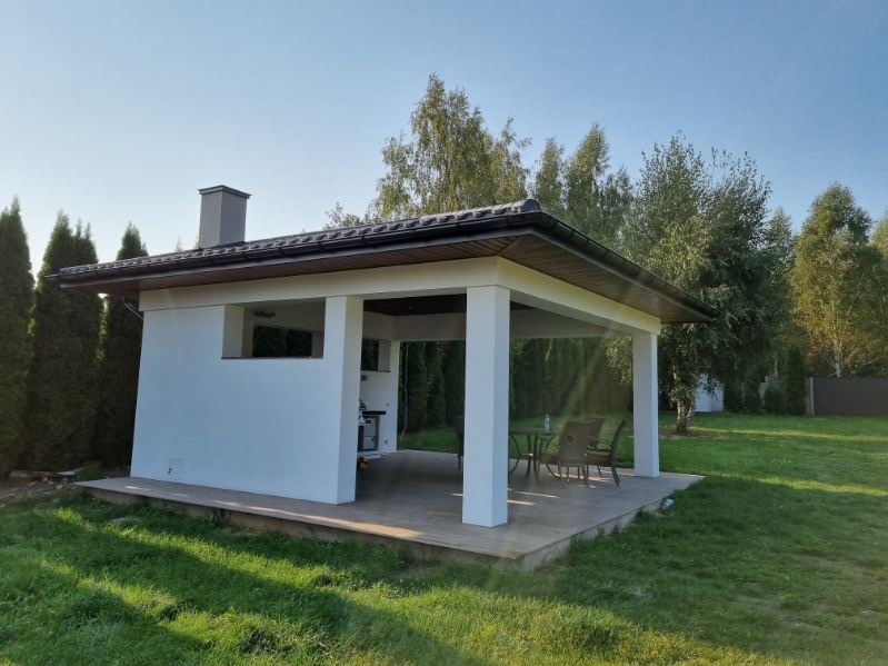 Biała murowana altana z kominem i zadaszeniem, wyposażona w grill i stół z krzesłami, otoczona zielonym trawnikiem i drzewami.